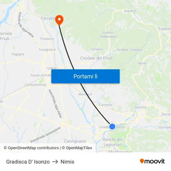 Gradisca D' Isonzo to Nimis map