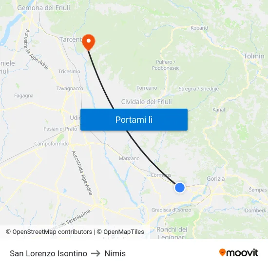 San Lorenzo Isontino to Nimis map