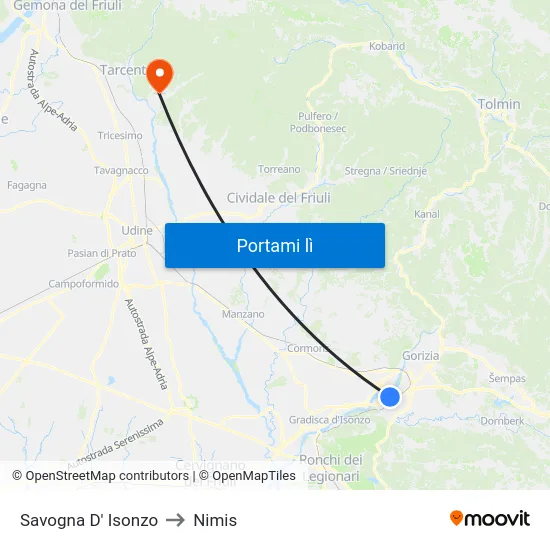 Savogna D' Isonzo to Nimis map