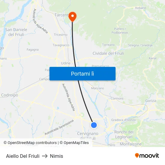 Aiello Del Friuli to Nimis map
