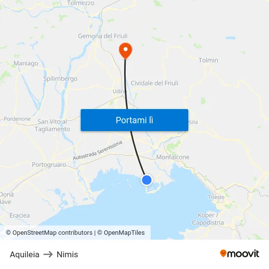 Aquileia to Nimis map