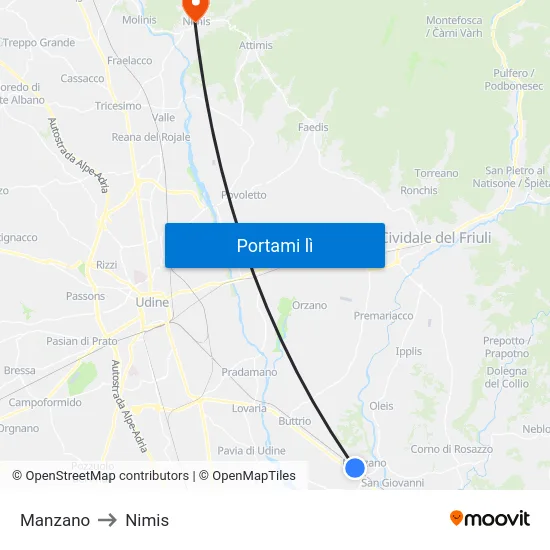 Manzano to Nimis map