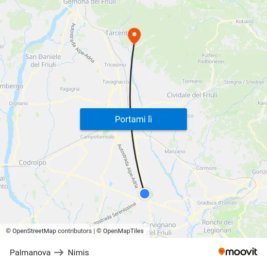 Palmanova to Nimis map