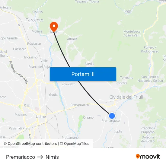 Premariacco to Nimis map