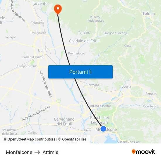Monfalcone to Attimis map