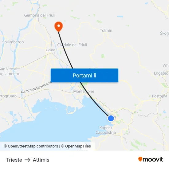 Trieste to Attimis map