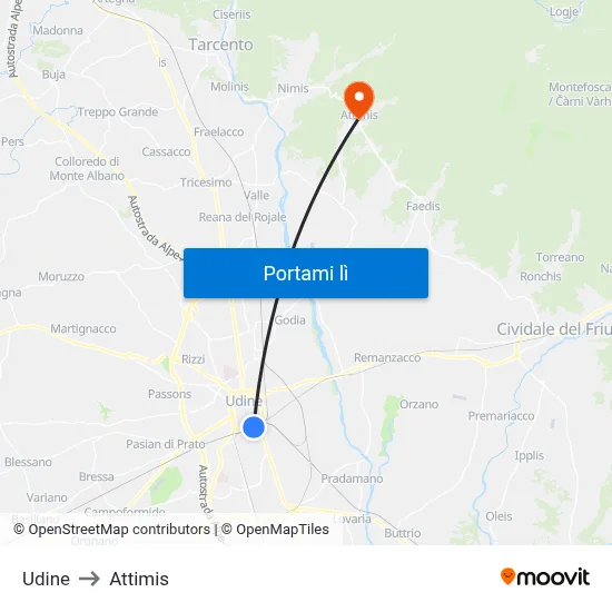 Udine to Attimis map
