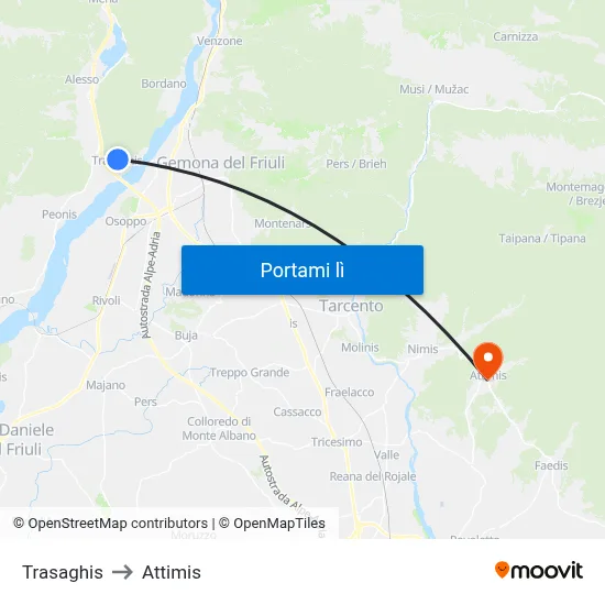 Trasaghis to Attimis map
