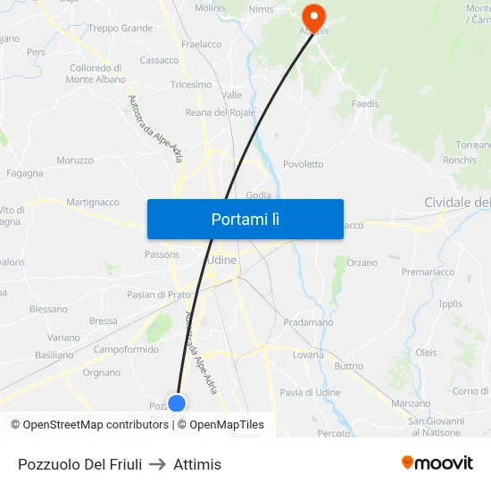Pozzuolo Del Friuli to Attimis map