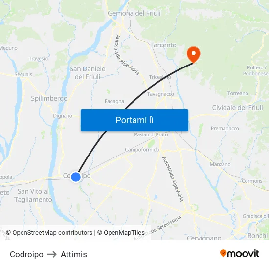 Codroipo to Attimis map