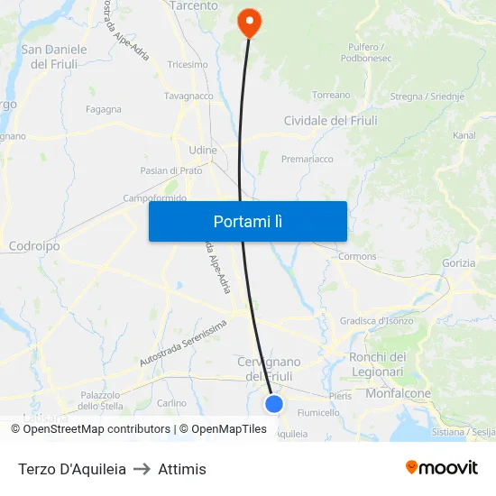 Terzo D'Aquileia to Attimis map