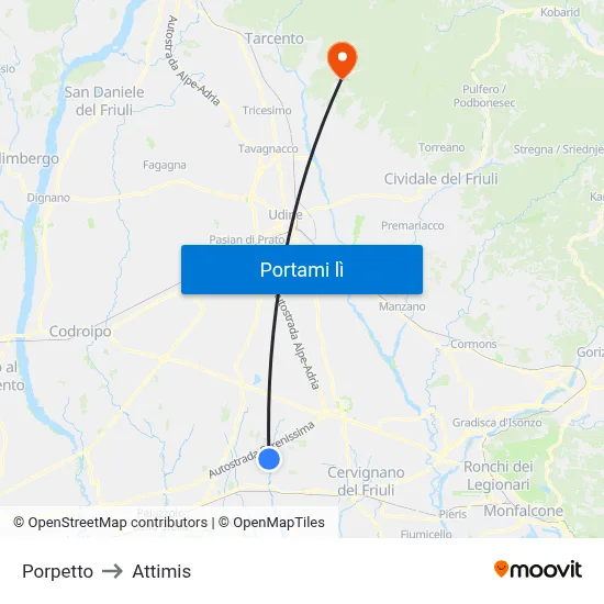 Porpetto to Attimis map