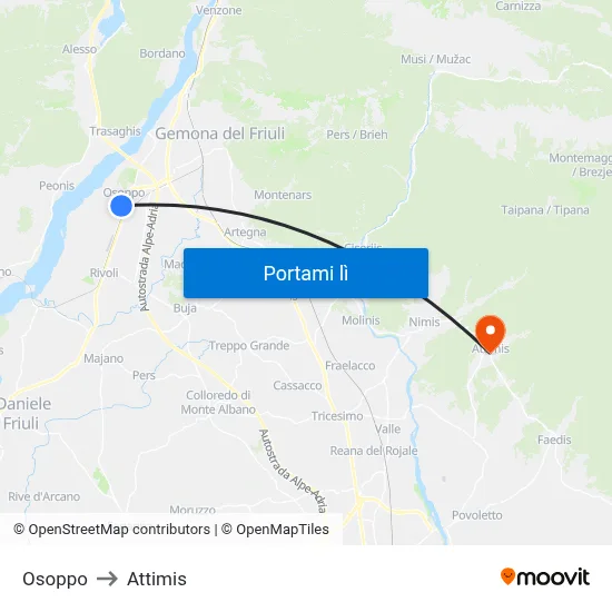 Osoppo to Attimis map