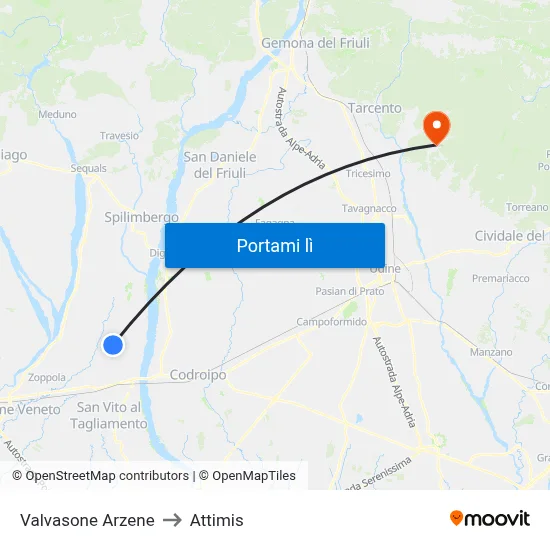 Valvasone Arzene to Attimis map
