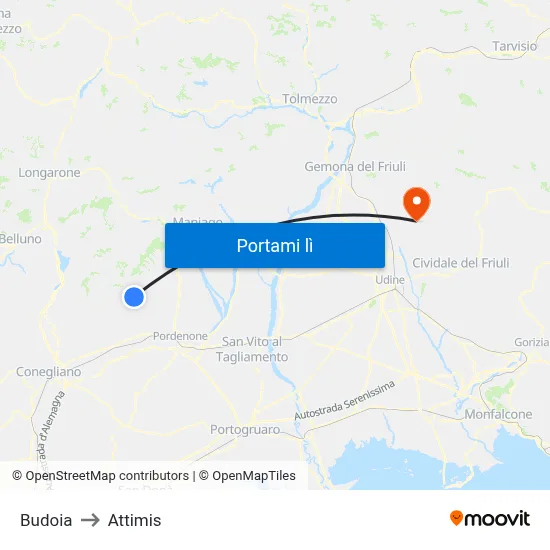 Budoia to Attimis map