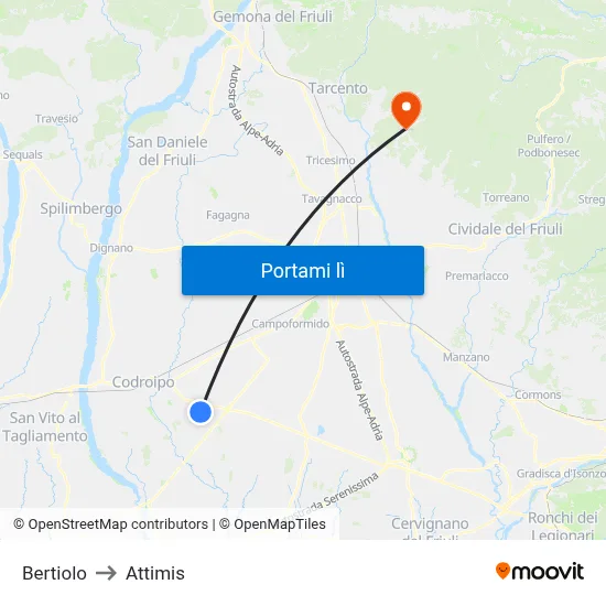 Bertiolo to Attimis map