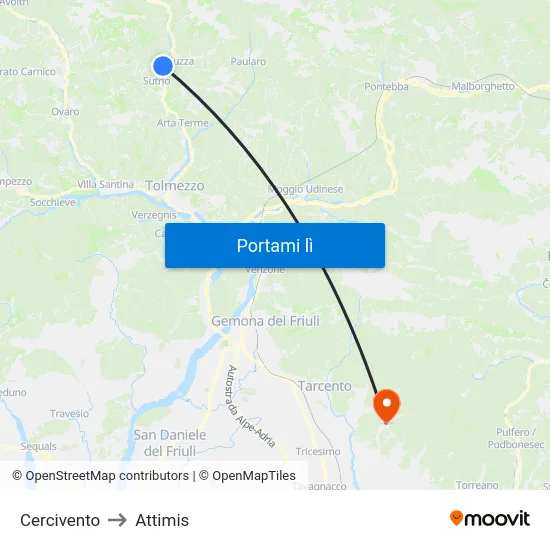 Cercivento to Attimis map