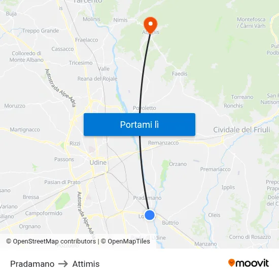 Pradamano to Attimis map