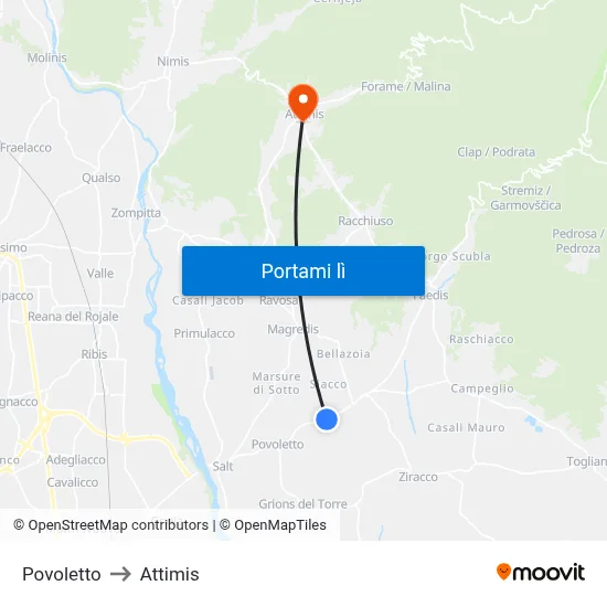 Povoletto to Attimis map