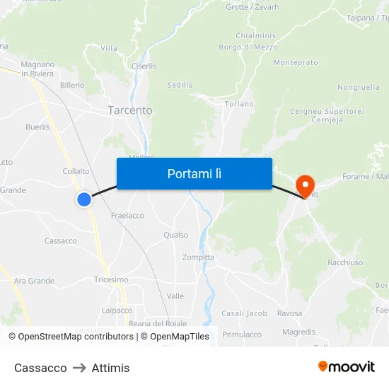 Cassacco to Attimis map
