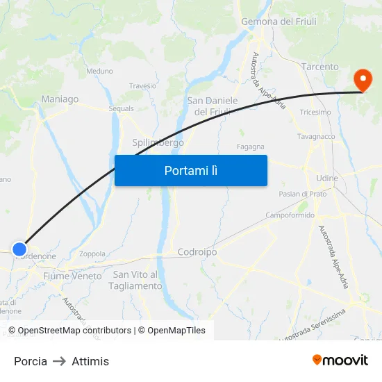 Porcia to Attimis map