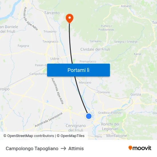 Campolongo Tapogliano to Attimis map