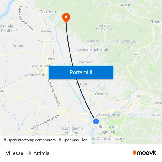 Villesse to Attimis map