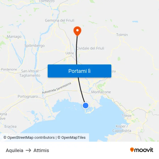 Aquileia to Attimis map