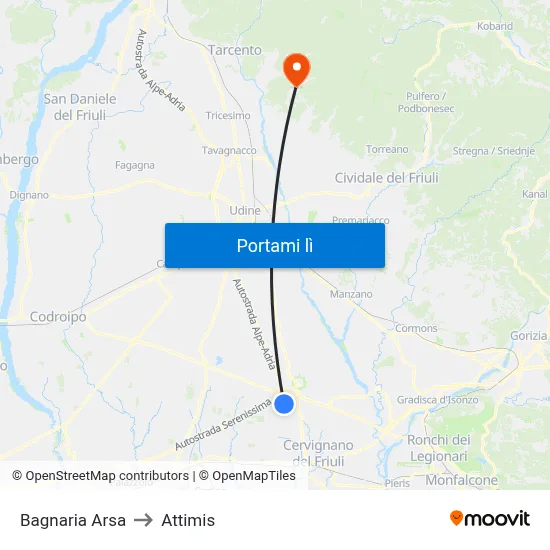 Bagnaria Arsa to Attimis map