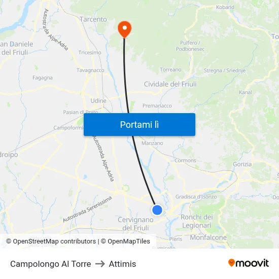 Campolongo Al Torre to Attimis map