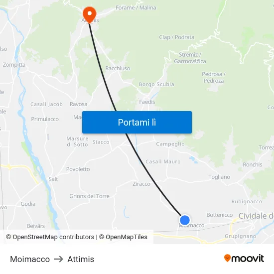 Moimacco to Attimis map