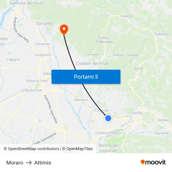 Moraro to Attimis map