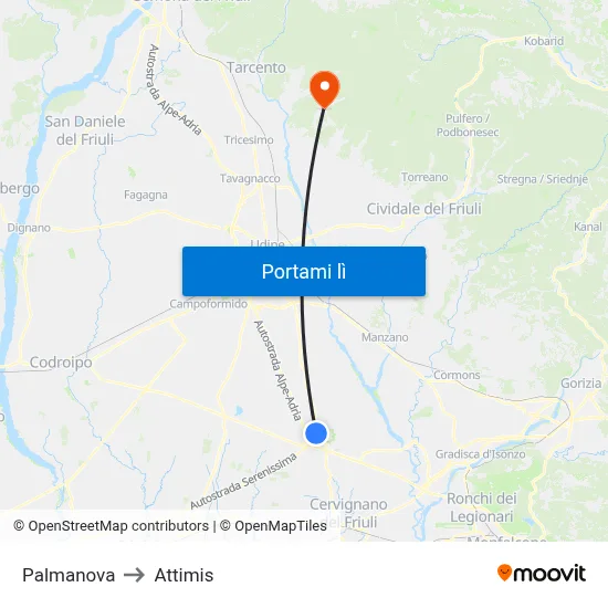 Palmanova to Attimis map