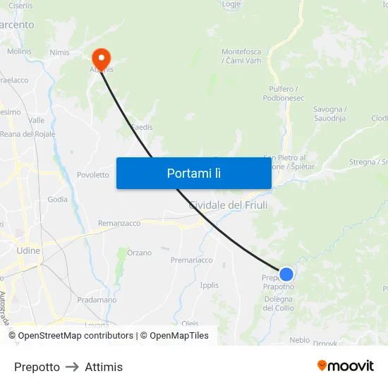 Prepotto to Attimis map