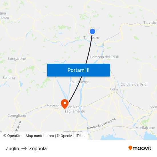 Zuglio to Zoppola map