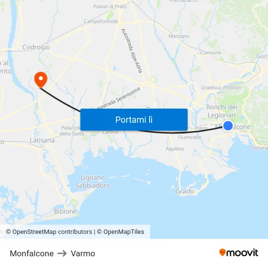 Monfalcone to Varmo map