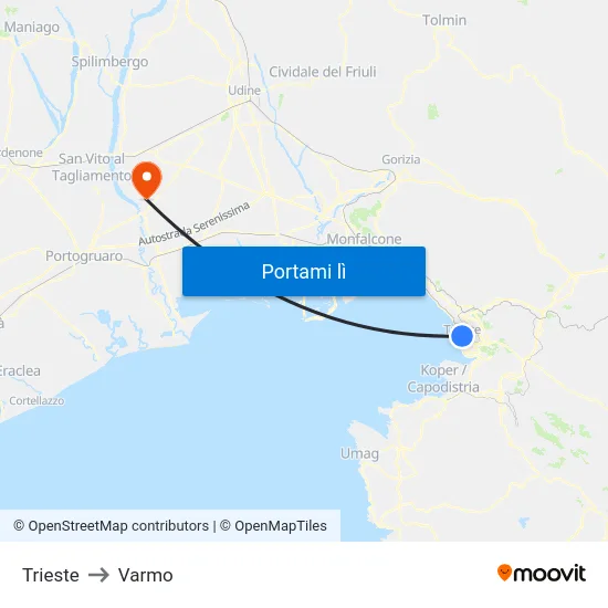 Trieste to Varmo map
