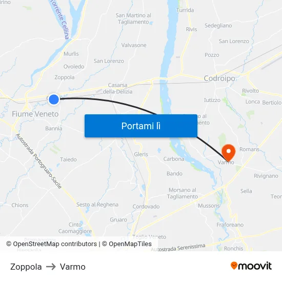 Zoppola to Varmo map