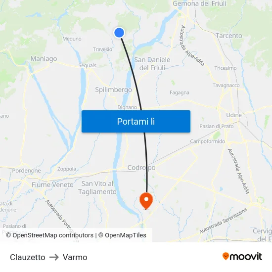 Clauzetto to Varmo map
