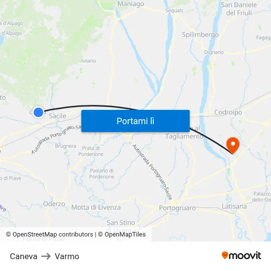 Caneva to Varmo map