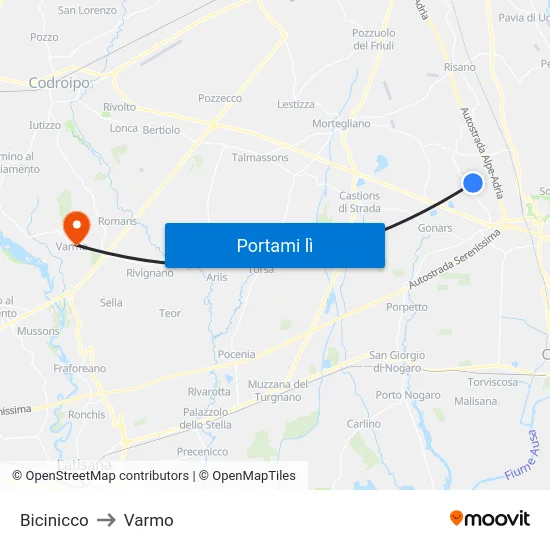 Bicinicco to Varmo map