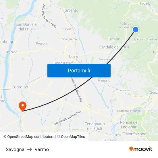 Savogna to Varmo map