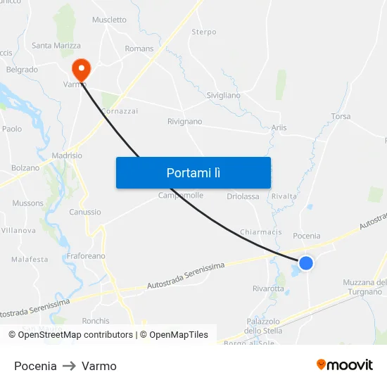 Pocenia to Varmo map