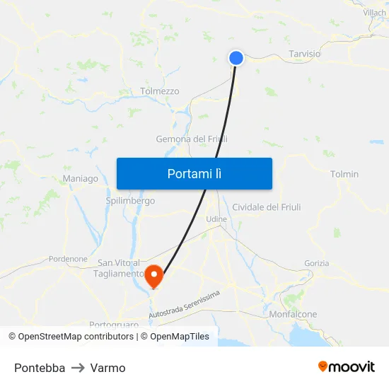 Pontebba to Varmo map