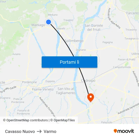 Cavasso Nuovo to Varmo map