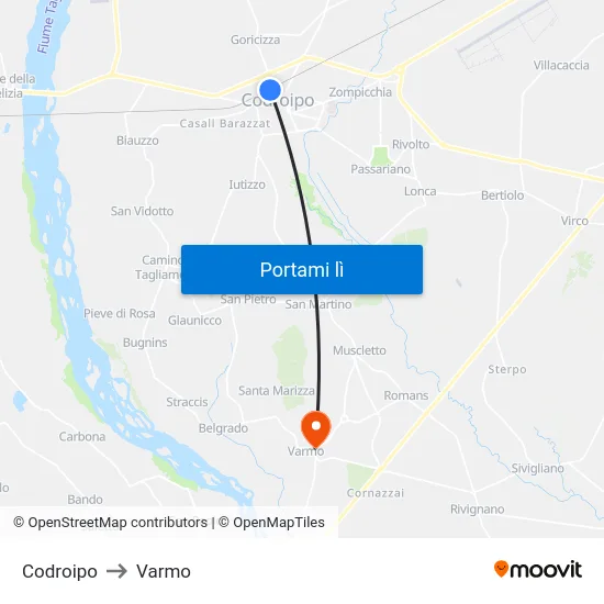 Codroipo to Varmo map