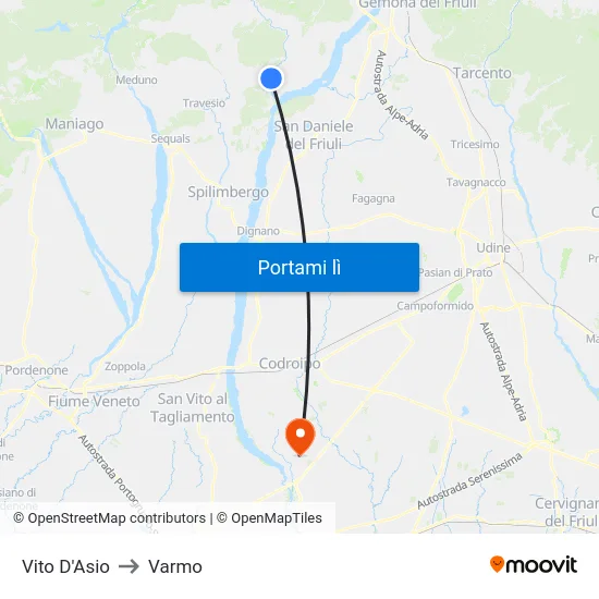 Vito D'Asio to Varmo map