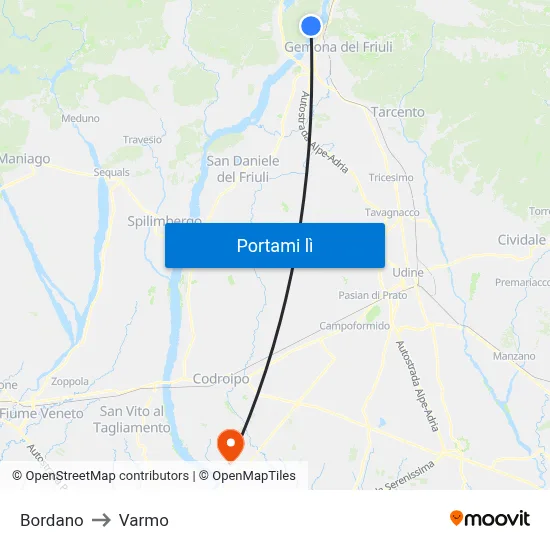 Bordano to Varmo map