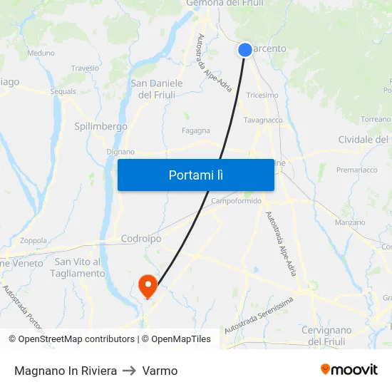 Magnano In Riviera to Varmo map