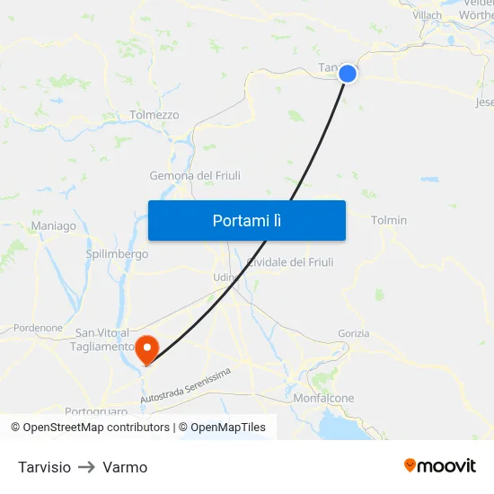 Tarvisio to Varmo map